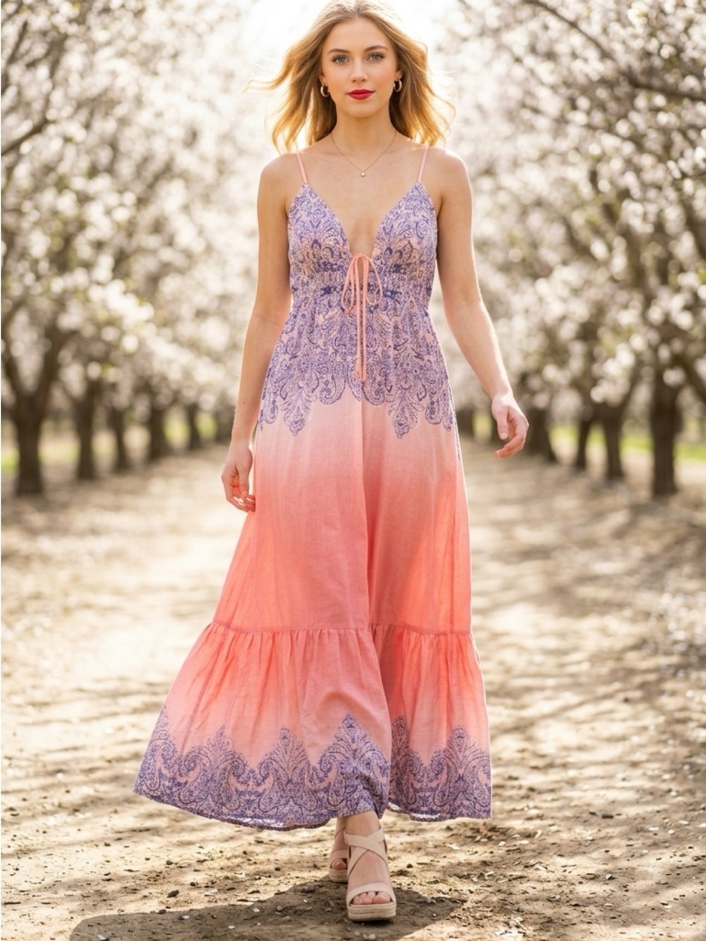 VENUS Pink and Purple Smocked Empire Maxi Sundress